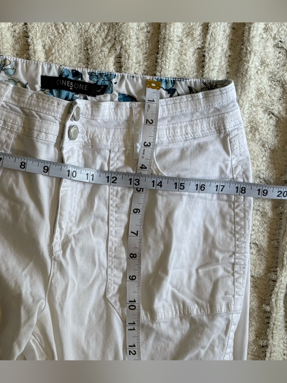 ONE5ONE White Cropped Pants Floral Waistband Stretch Cotton Size 10 - Picture 7 of 14